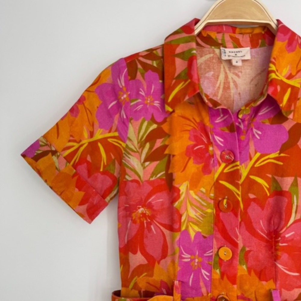 Kachel x Anthropologie Floral Linen Blend Romper Size 2 Orange Tropical Resort‎ - Picture 6 of 13